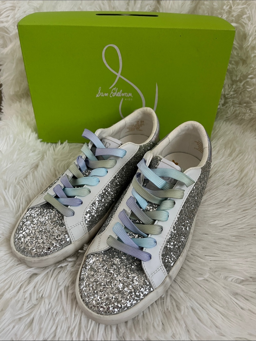 Sam Edelman Silver Glitter Sneakers with Pastel Ombre Laces